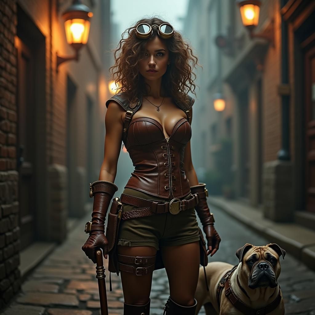 Steampunk Adventurer and Canine Companion in Foggy Alley