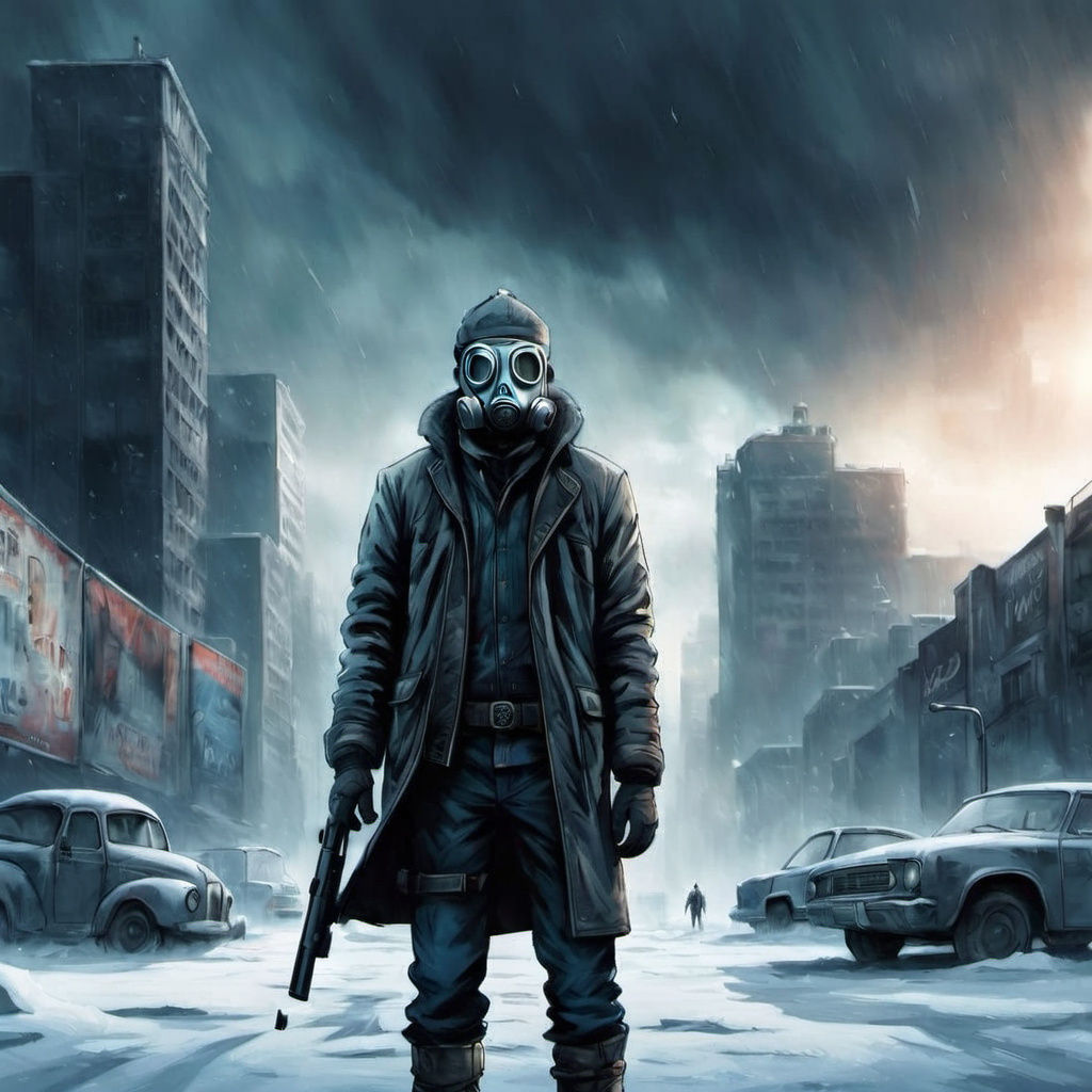 An apocalyptic snow scene in dramatic comic style, pencil, m...