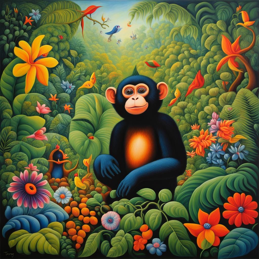 Expressive Monkey in Jungle, Surrealist Oil Painting