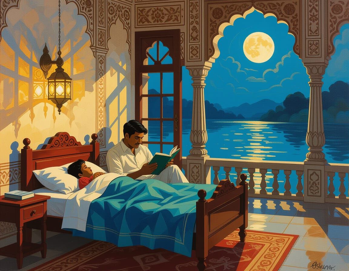 Bedtime Story by the Lake: Gouache Style Painting