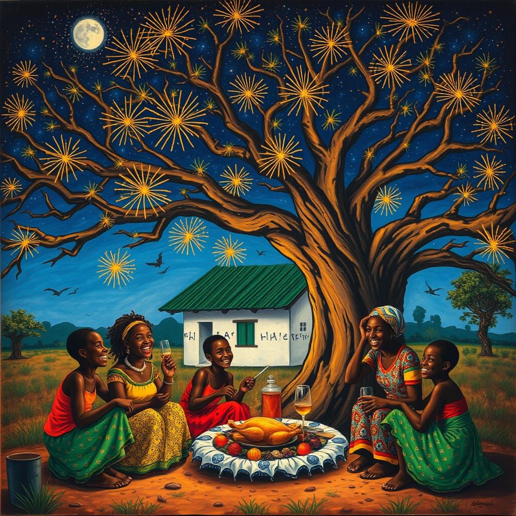 African Family Celebrates New Year Under Starry Night