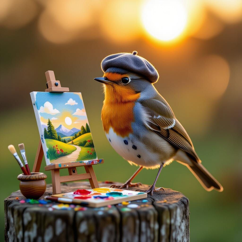 Robin the Artist at Sunrise: Storybook Illustration
