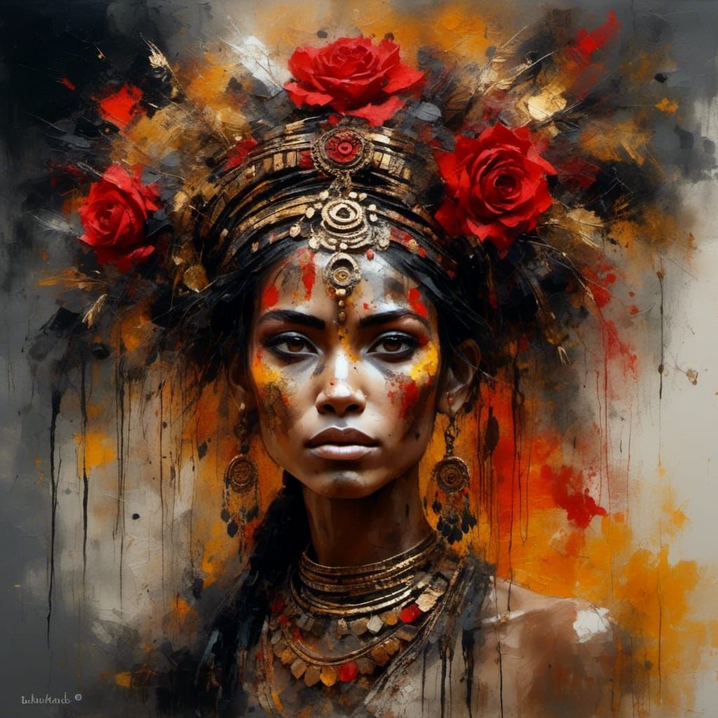 Aztec-Egyptian Princess Portrait with Gold Jewelry