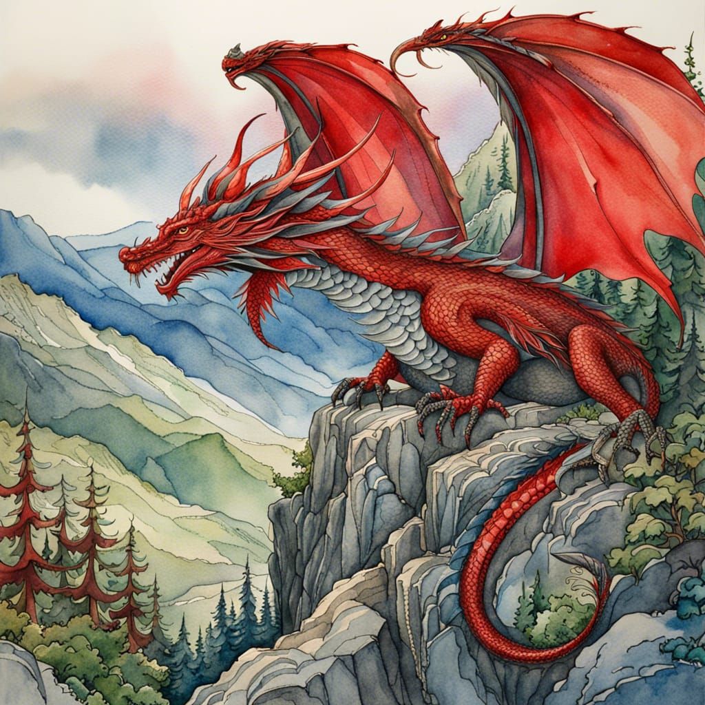 Red Dragon Fairytale Landscape in Watercolor Style