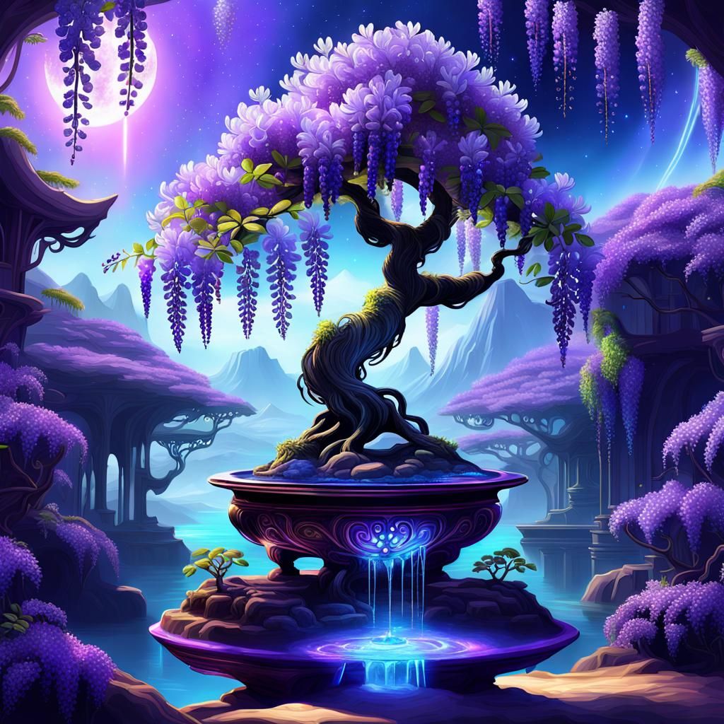 Galactic Oasis with Bioluminescent Bonsai, Digital Art