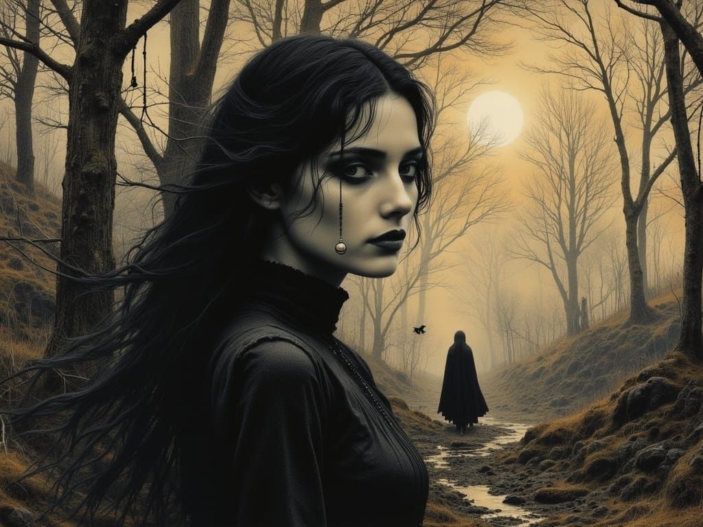 Ethereal Gothic Woman in Sunset Forest