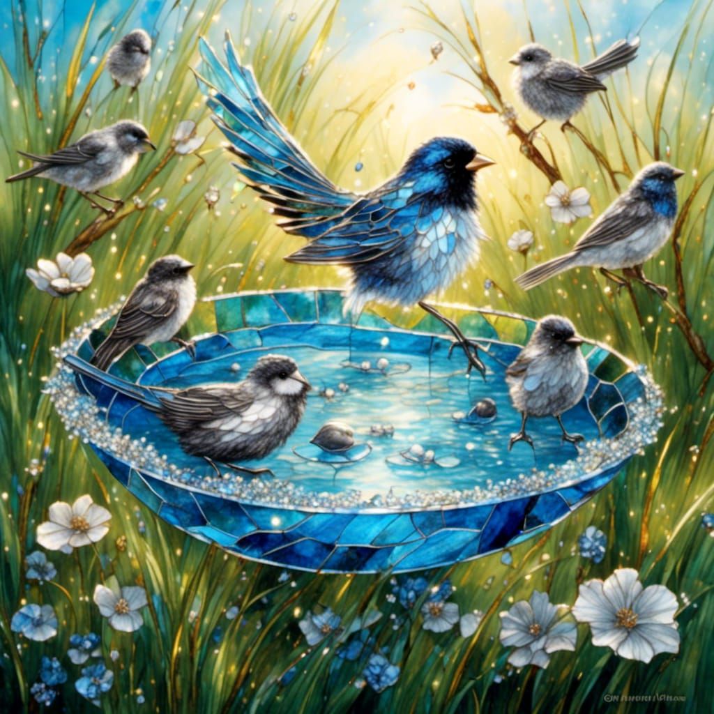 Stained Glass Bird Bath with Birds
