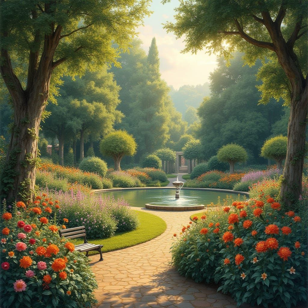 Lush Garden Oasis at Golden Hour, Monet Style