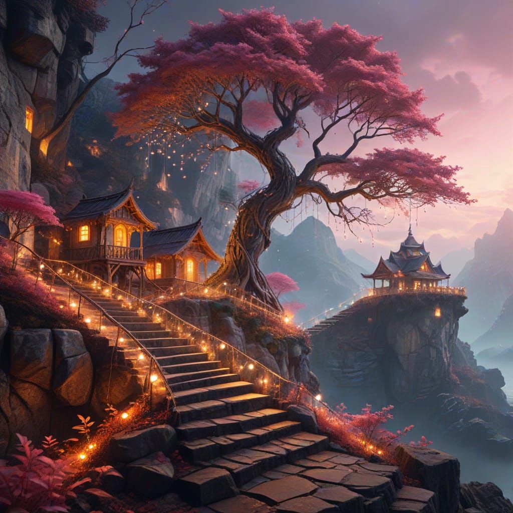 Mystical Tree with Pink Leaves: Fantasy Landscape