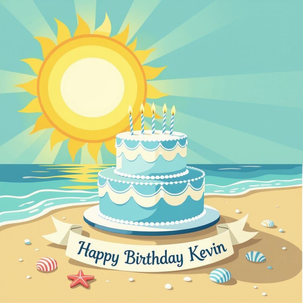 Whimsical Beach Birthday Cake Illustration