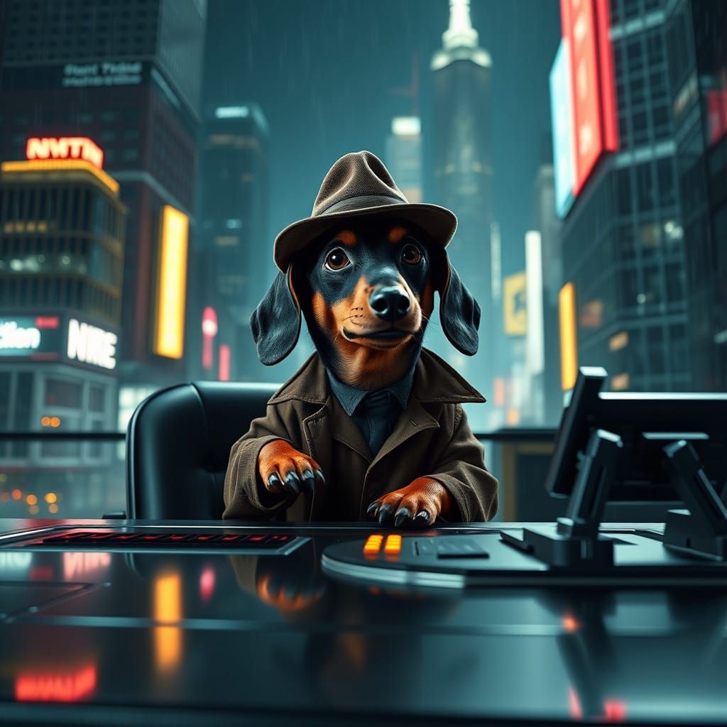 Cyberpunk Dachshund Detective in Rainy Cityscape