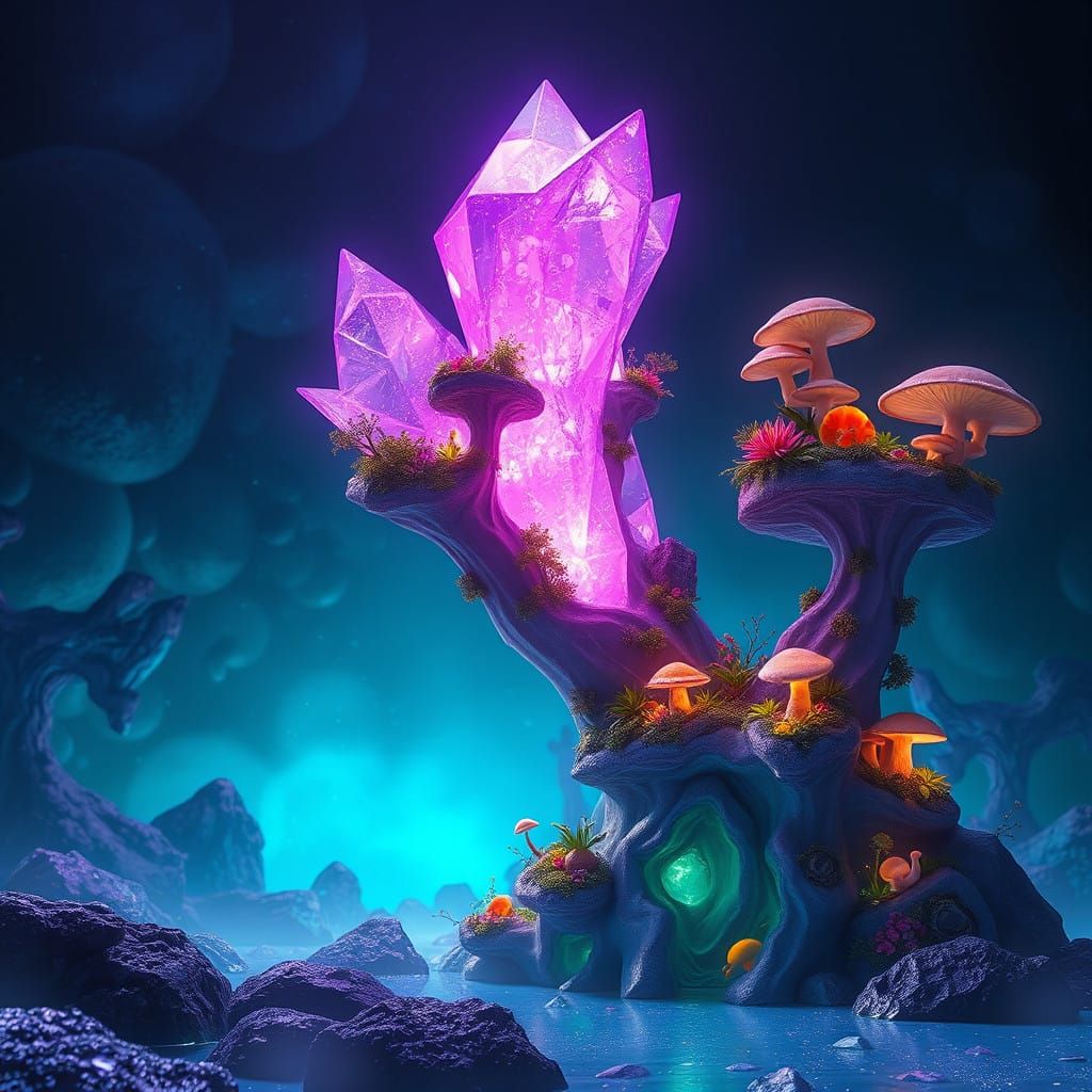 Vibrant, Iridescent Crystal Realms in Dark Blue Fantasy