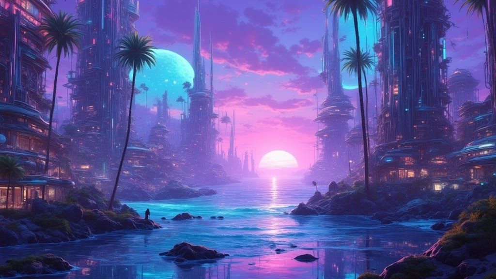 Neon Dreams on a Futuristic Oceanfront