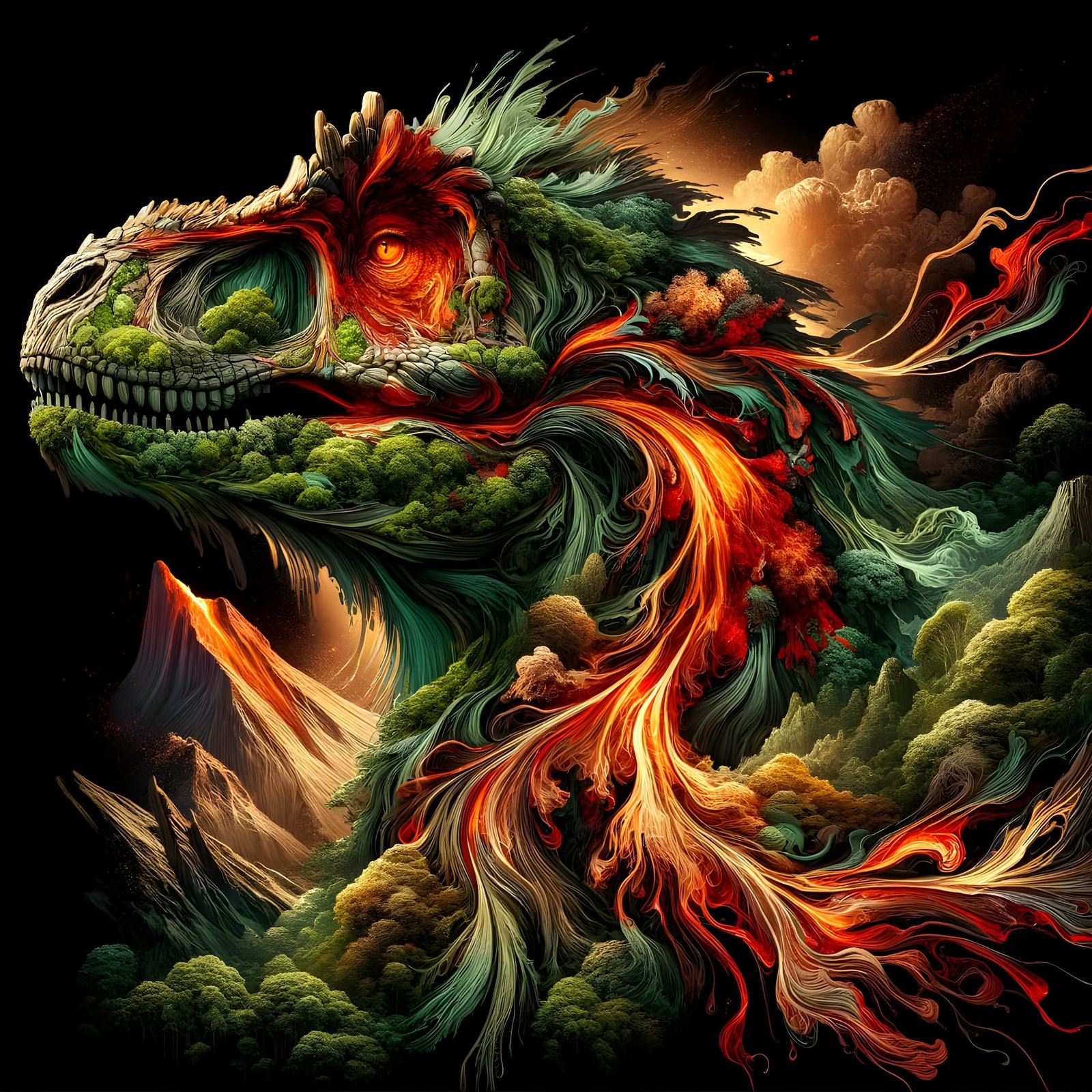 Dinosaur Double Exposure with Volcanic Landscape