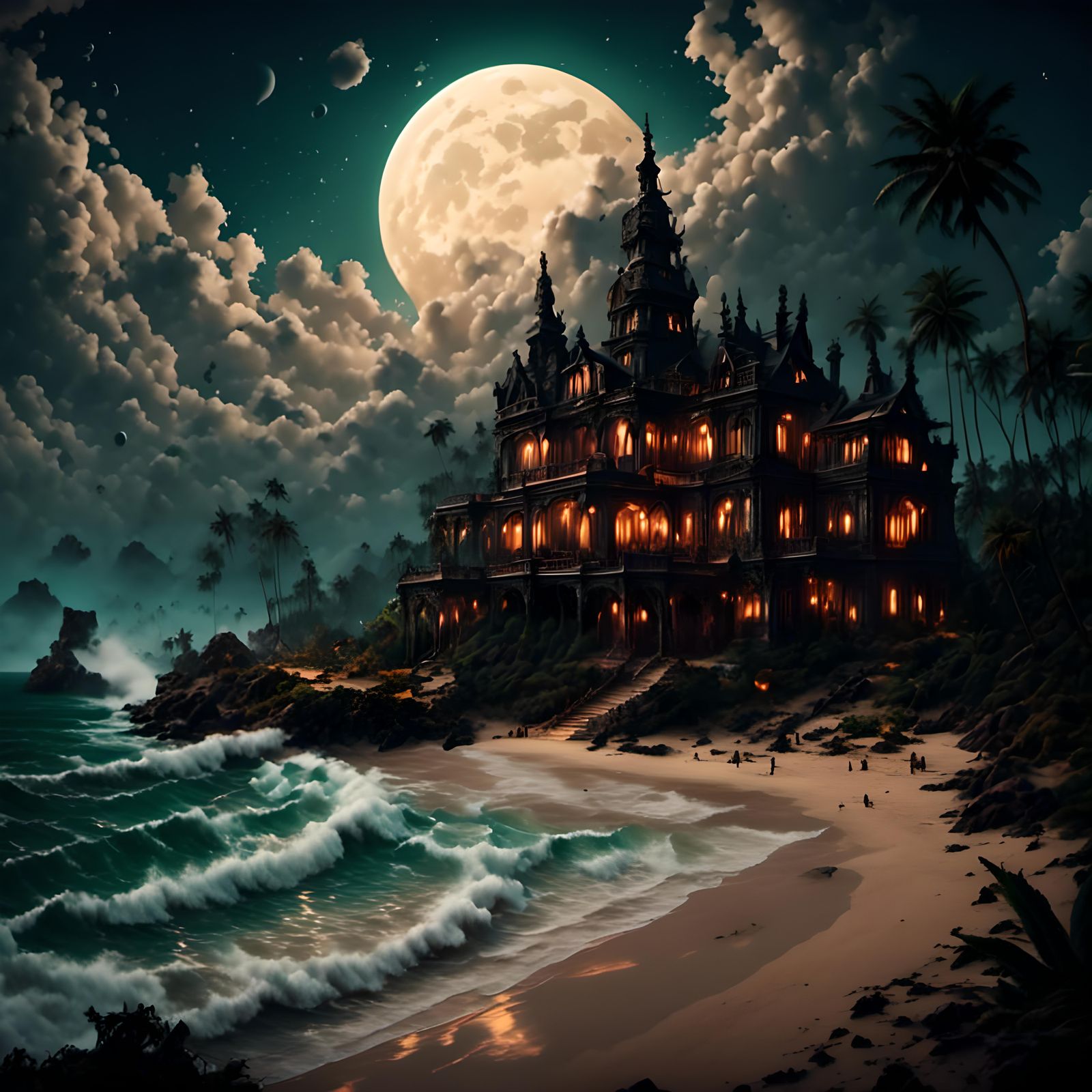 Colonial Mansion on Beach at Night: Detailed Matte Painting