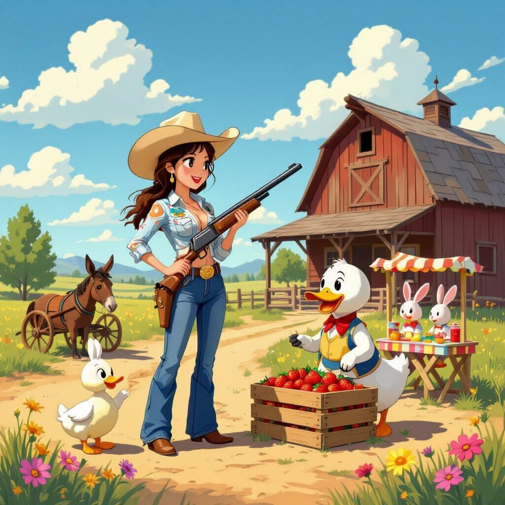 Japanese Cowgirl Meets Cartoon Duck in Old West
