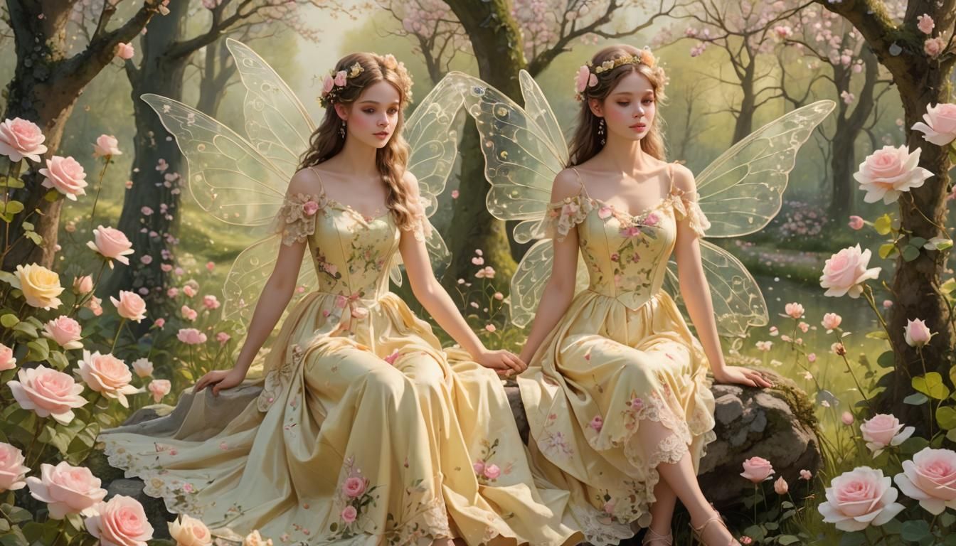 Fairy in Spring Landscape with Roses and Lace