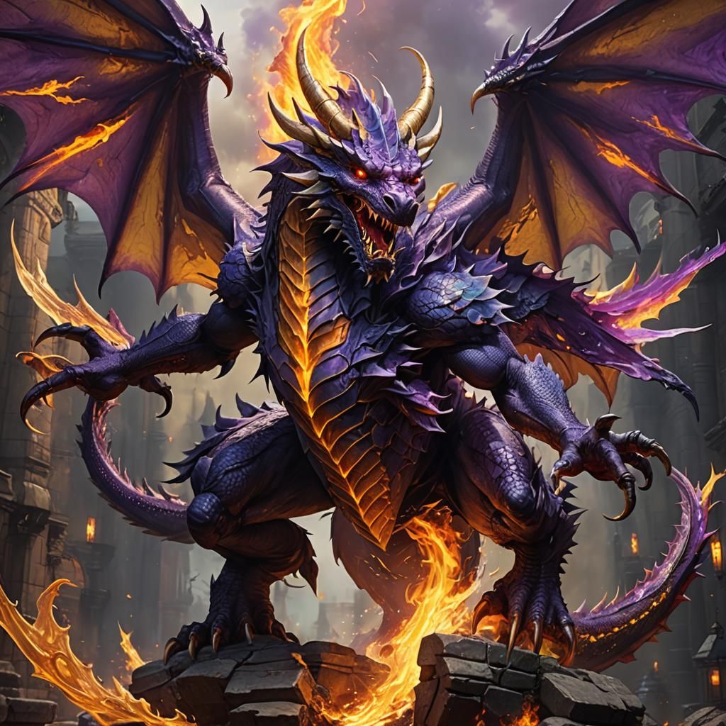 Fiery Four-Winged Demon Dragon in Dark Fantasy Style