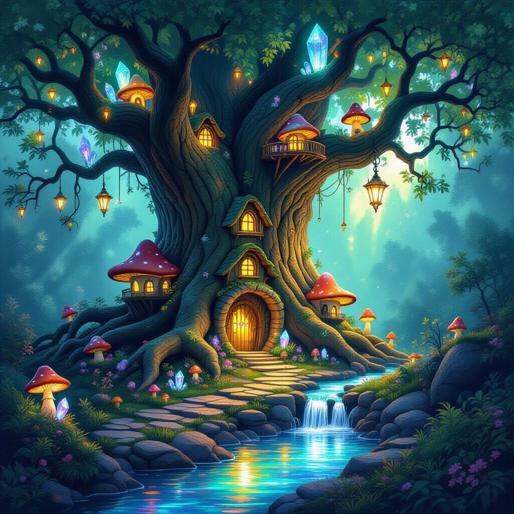Enchanted Fairy Village in Ancient Tree, Digital Art
