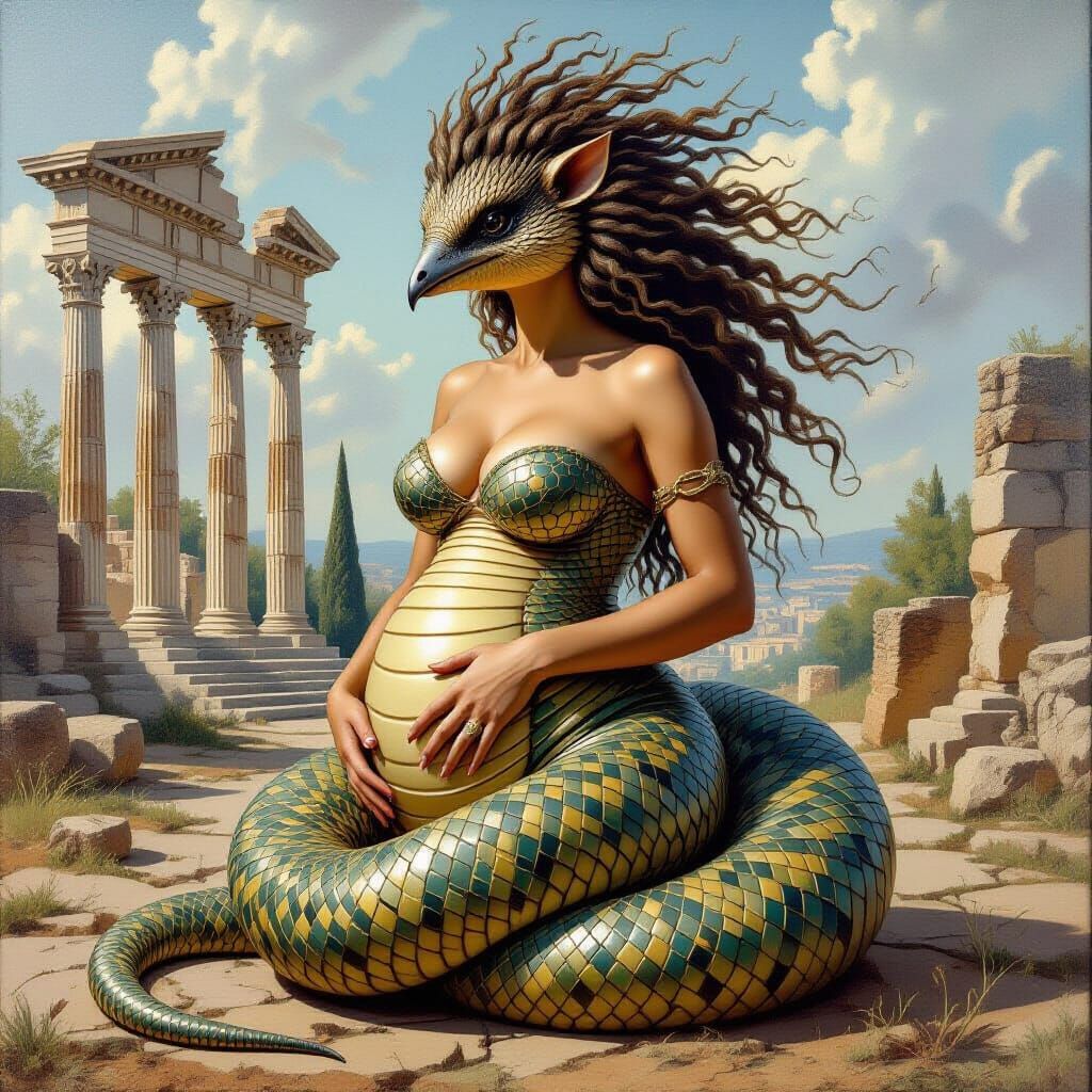 Beautiful Echidna-Woman-Snake Hybrid in Roman Ruins Oil Pain...