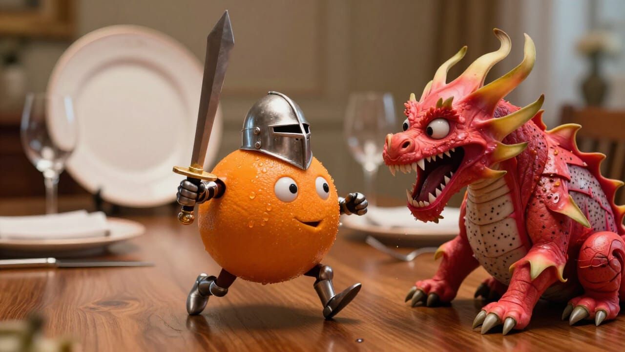 Heroic Orange Knight Battles Dragonfruit Dragon on Dining Ta...