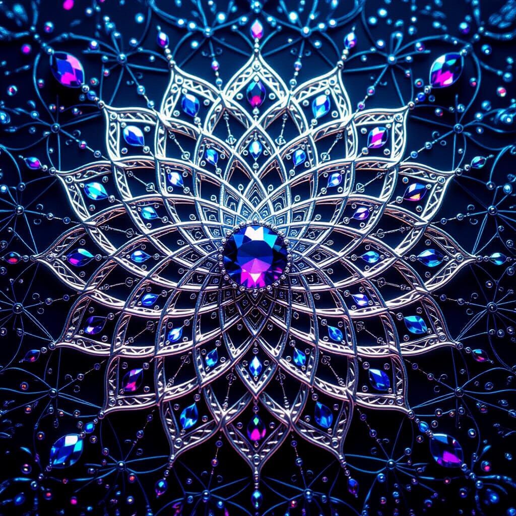Celestial Silver Mandala with Gemstones in Futuristic Style