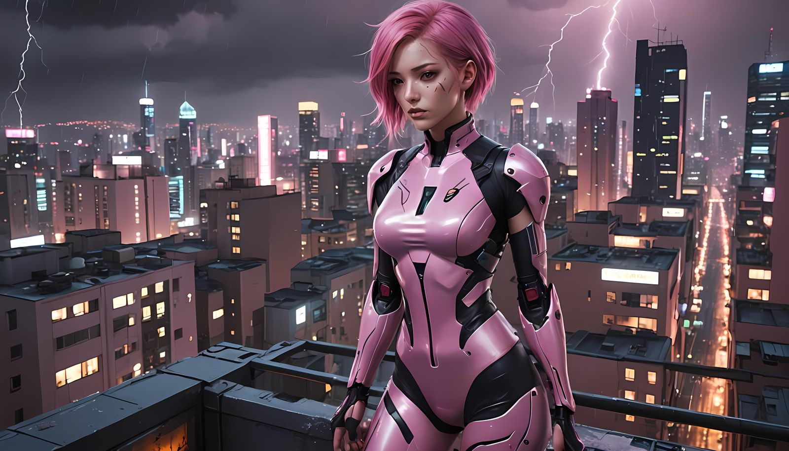 young woman with pink hair and pink eyes in bodysuit on a rooftop in a cyberpunk city in the night while rain falls and ...
