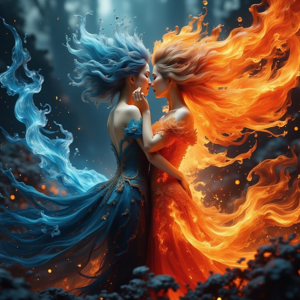 Water and Fire Spirits Embrace in Chaotic Landscape