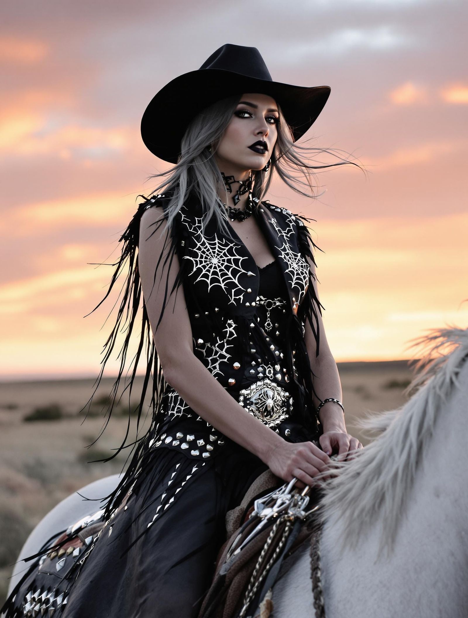 Western-Goth Woman on Horseback in Windswept Plains