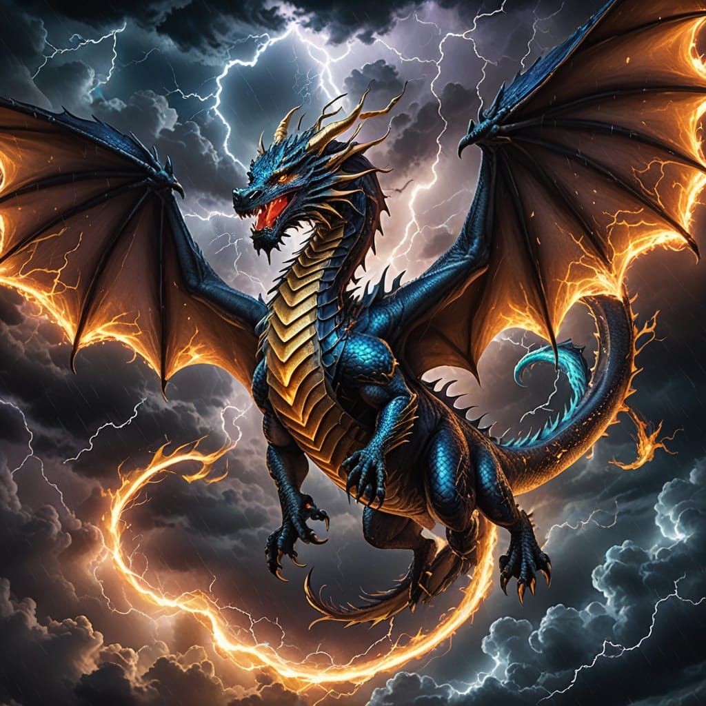 Cyberpunk Dragon Soars Through a Turbulent Night Sky