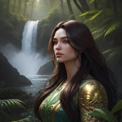 Brunette Beauty in Lush Forest, Art Nouveau Style
