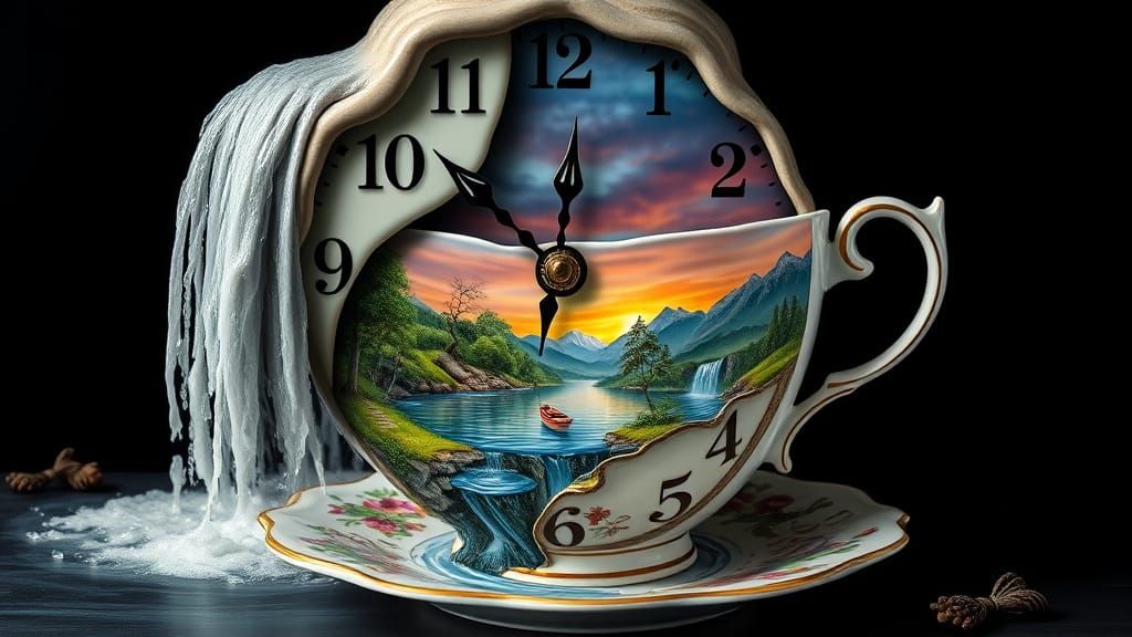 Surrealist Dali-Inspired Clock Scene with Royal Albert Tea C...