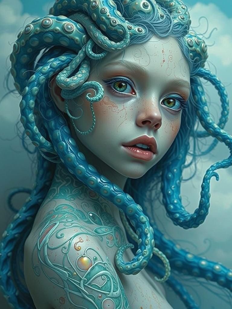 Alien with Octopus Hair in Surreal Biomechanical Art