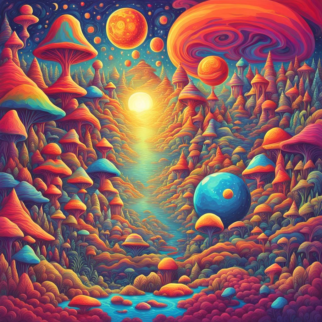 Vibrant Psychedelic Landscape with Distorted Shapes
