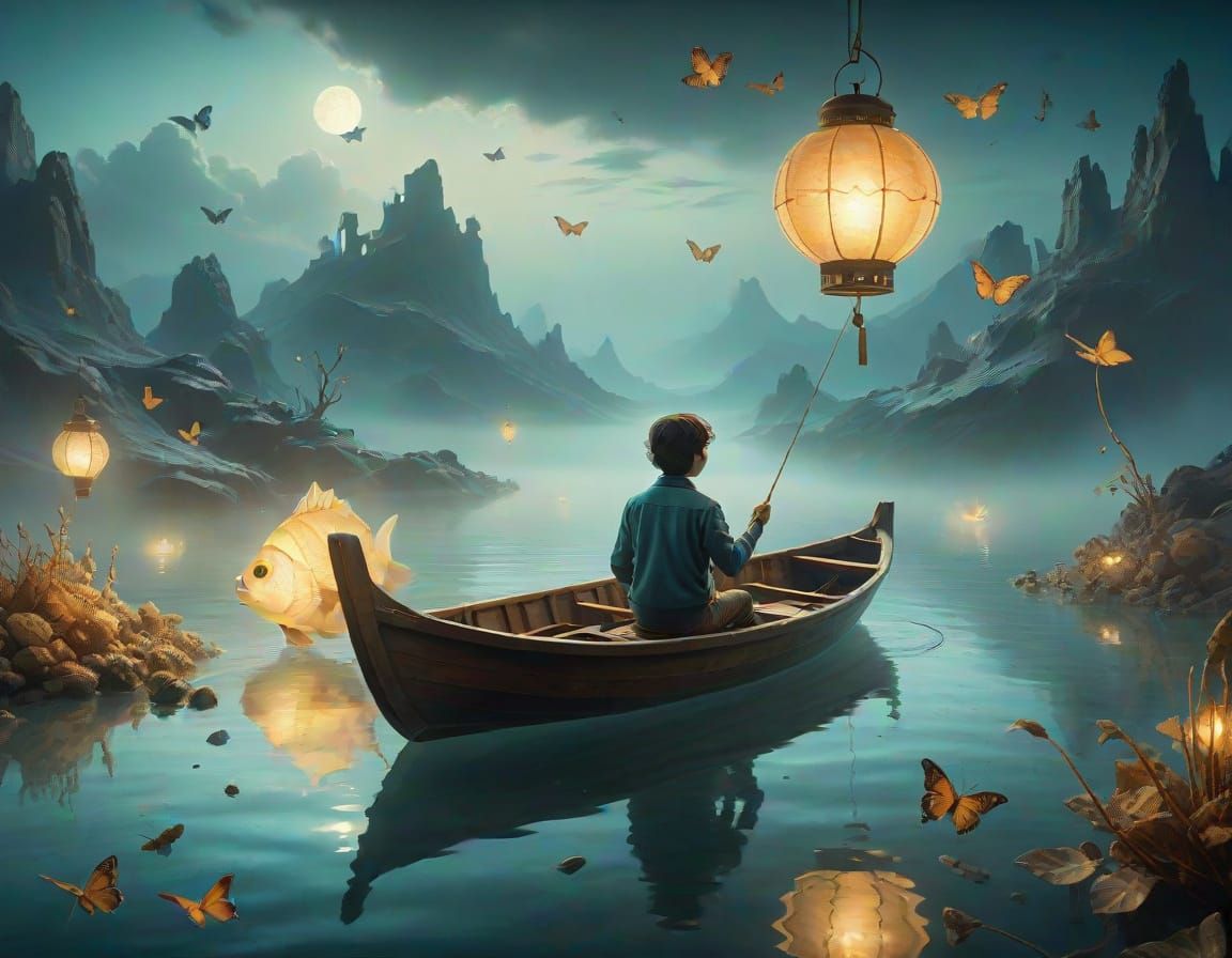 Surrealistic Fishing Scene with Ethereal Glow
