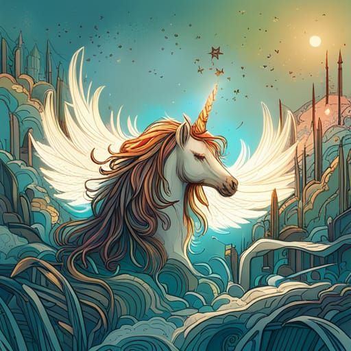Luminous Unicorn Digital Painting with Golden Outlines