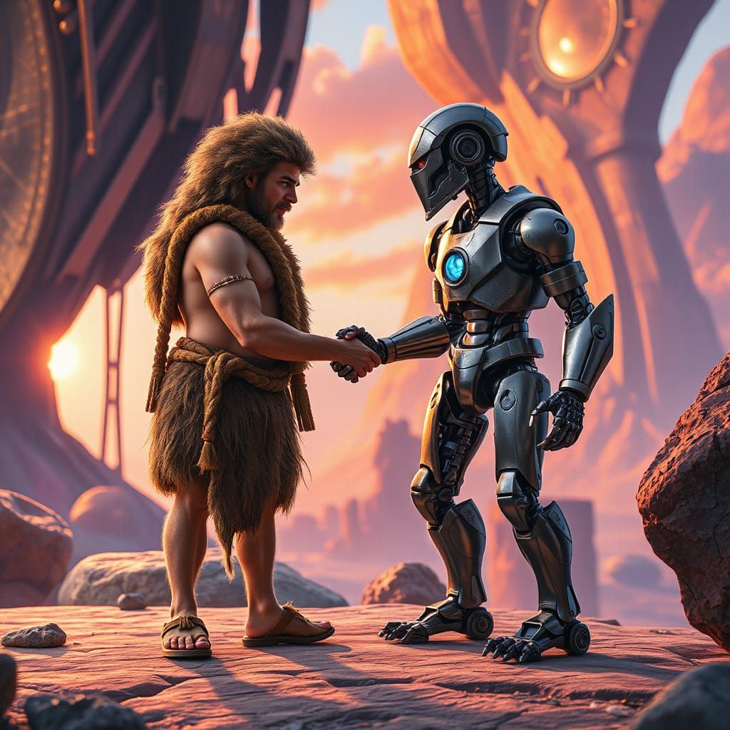Caveman and Robot Friendship in Surreal Fantasy Art