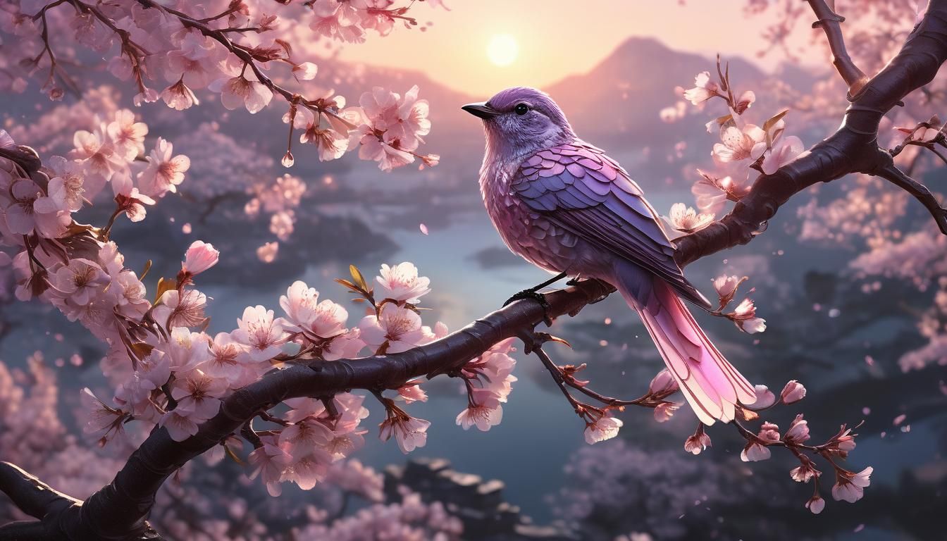 Crystal Bird on Cherry Blossoms in Pink Sunset