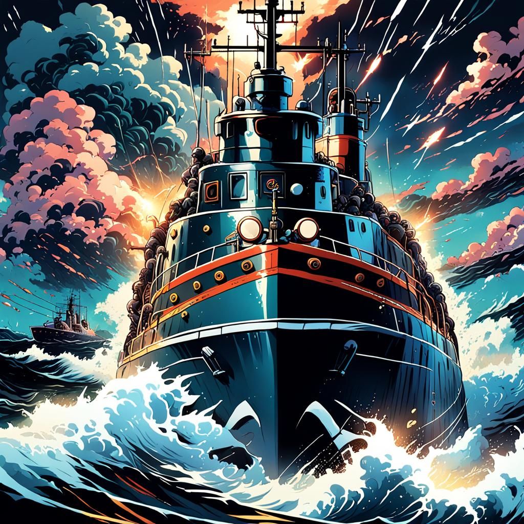 Anime Submarine Battles Stormy Seas in Manga Style
