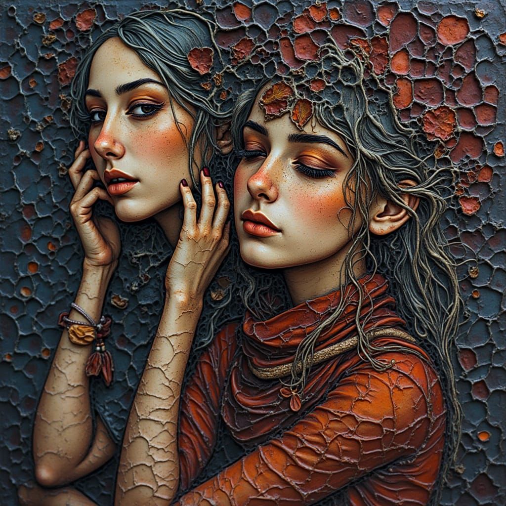 Encaustic Wax Portrait of Two Girls in Surreal Style