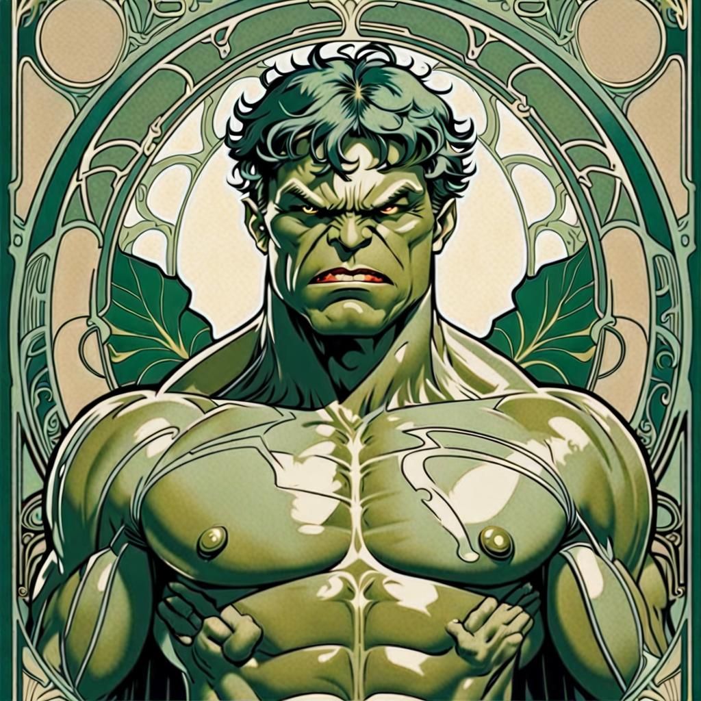Batman/Hulk Art Nouveau Card in Art Deco Style