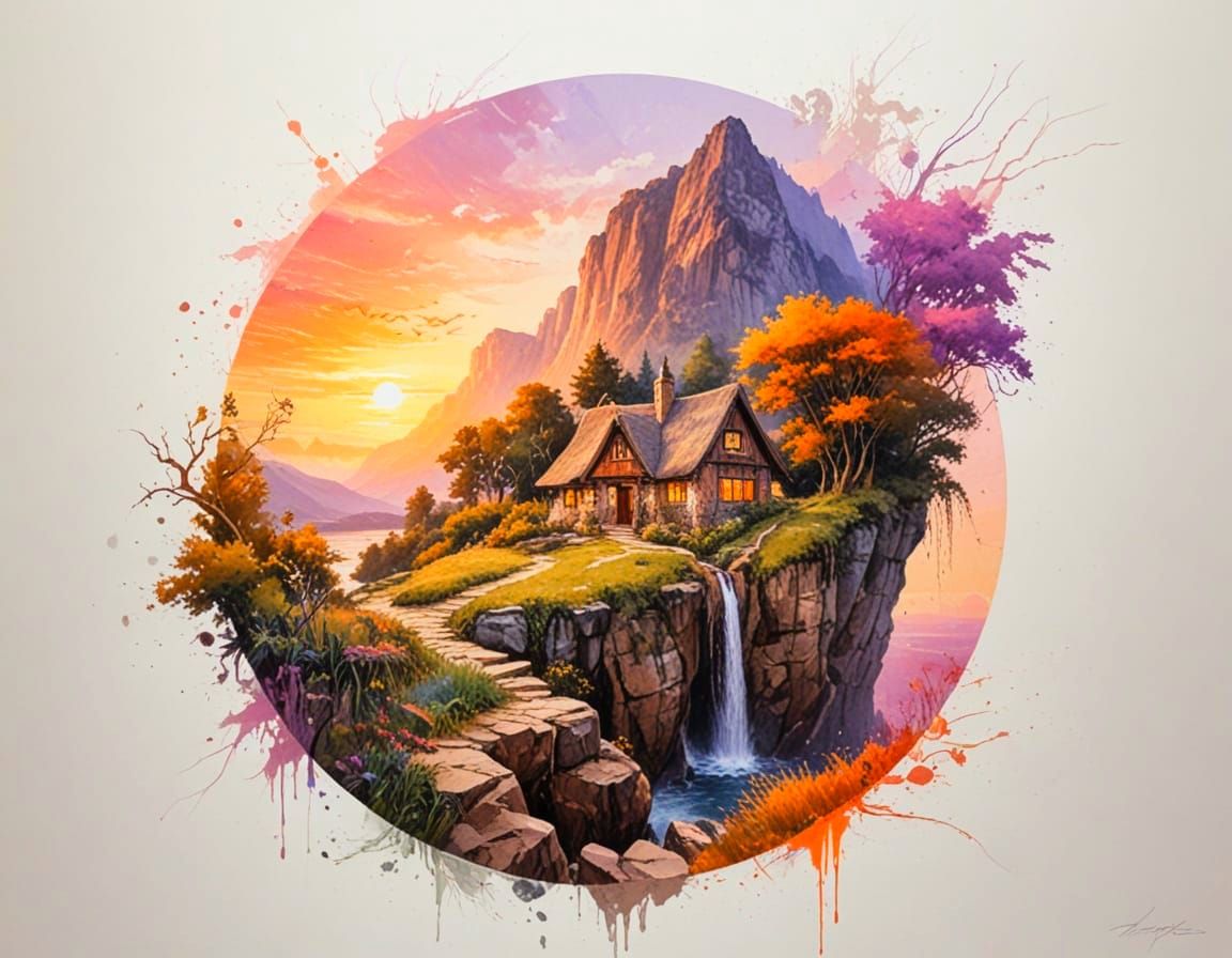 Cozy Cliffside Cottage at Sunset, Painterly Realism