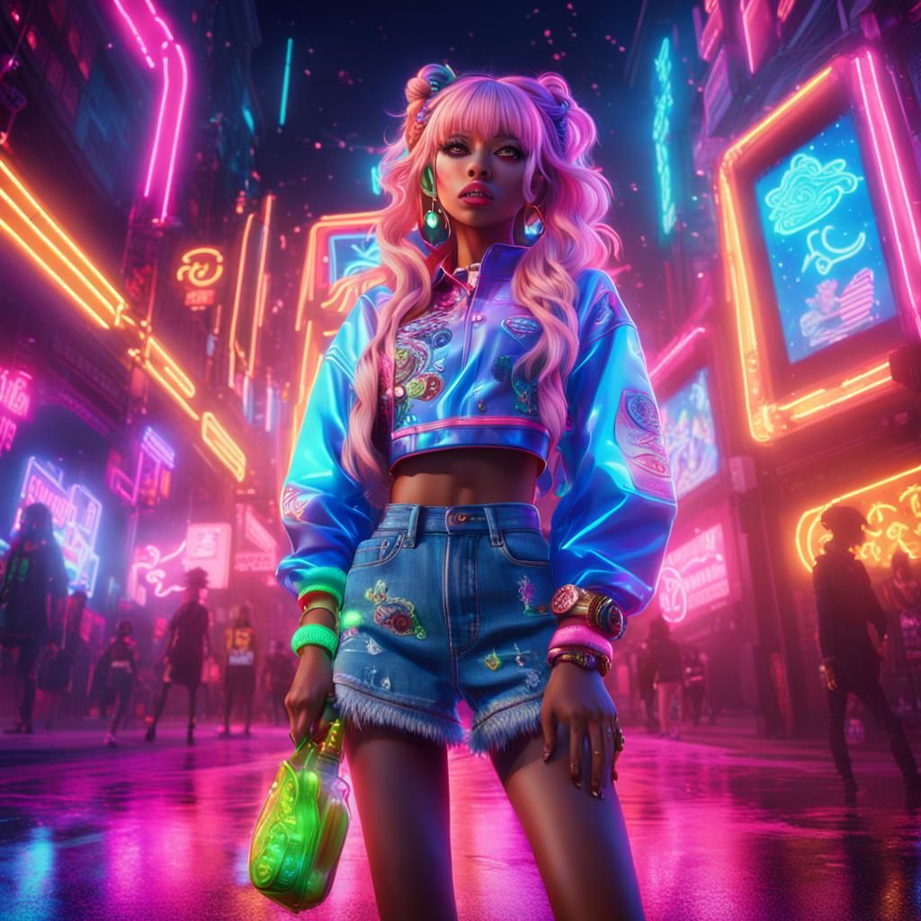 Gyaru in Neon Lights: Detailed Digital Painting