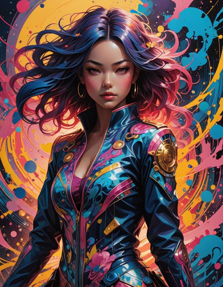 Empowered Female Figure Radiates Solar Energy in Vibrant Man...