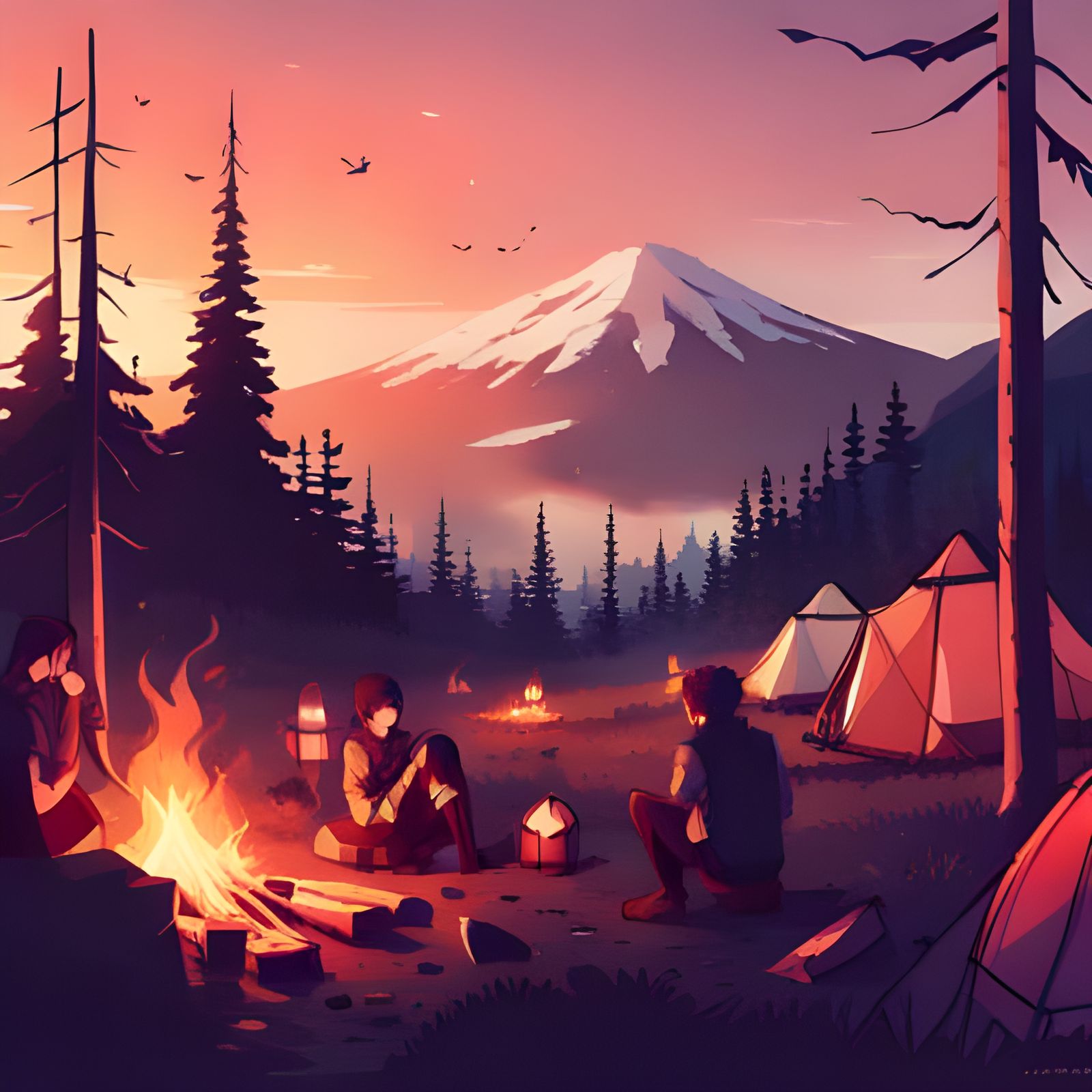 Campfire in Forest: Anime-Inspired Digital Art