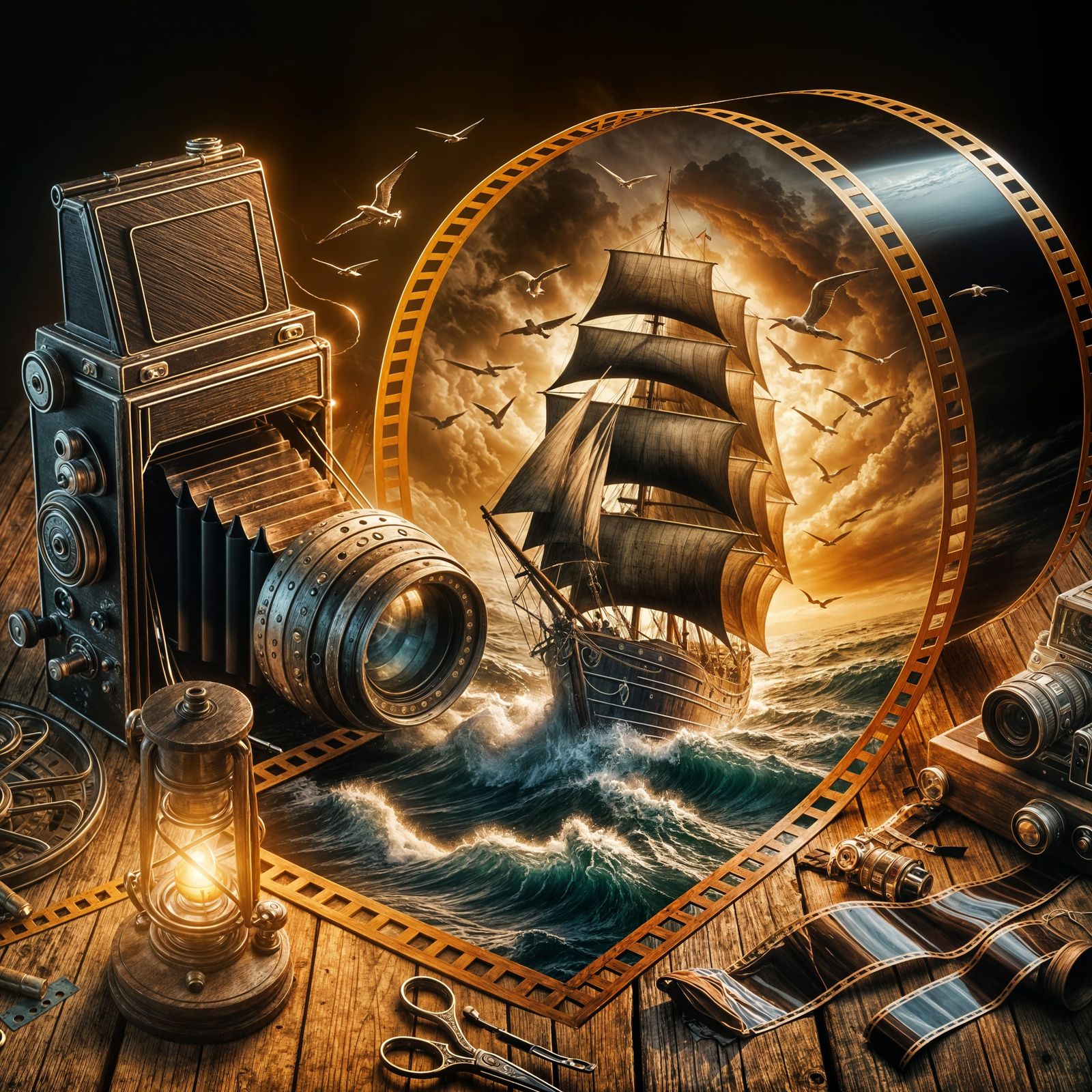 Luxury Sailboat Emerges from Film Reel Still Life