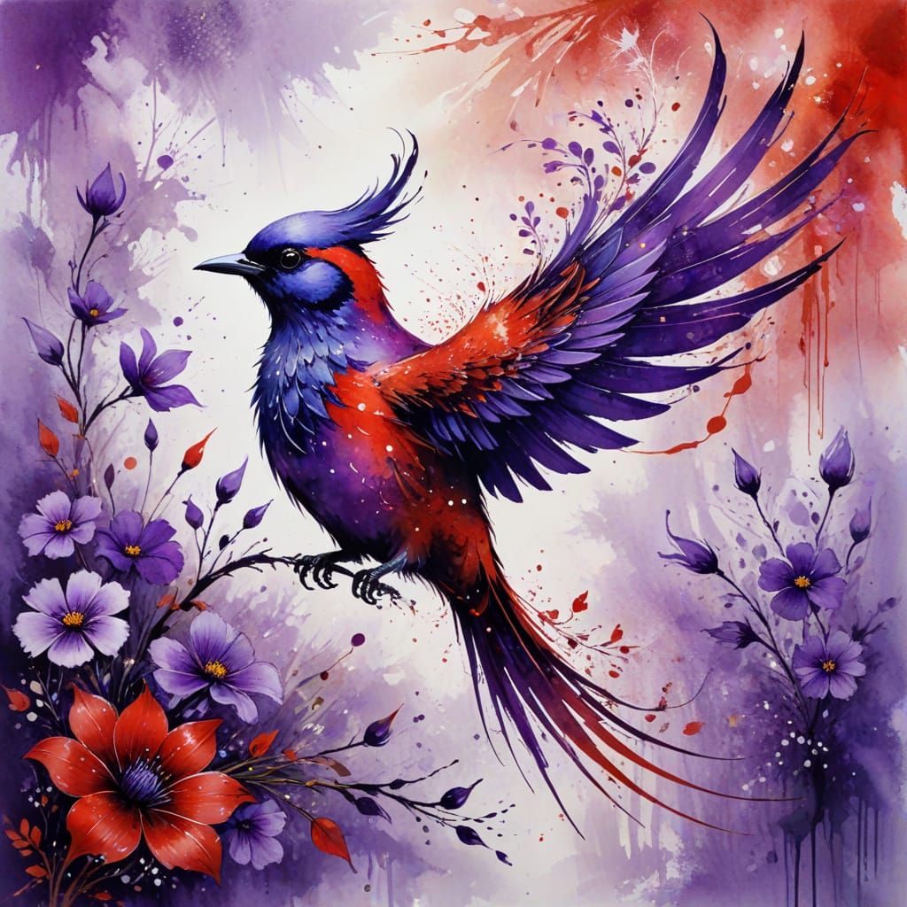 Fantasy Bird with Flowers in Tender Ink Painting Style