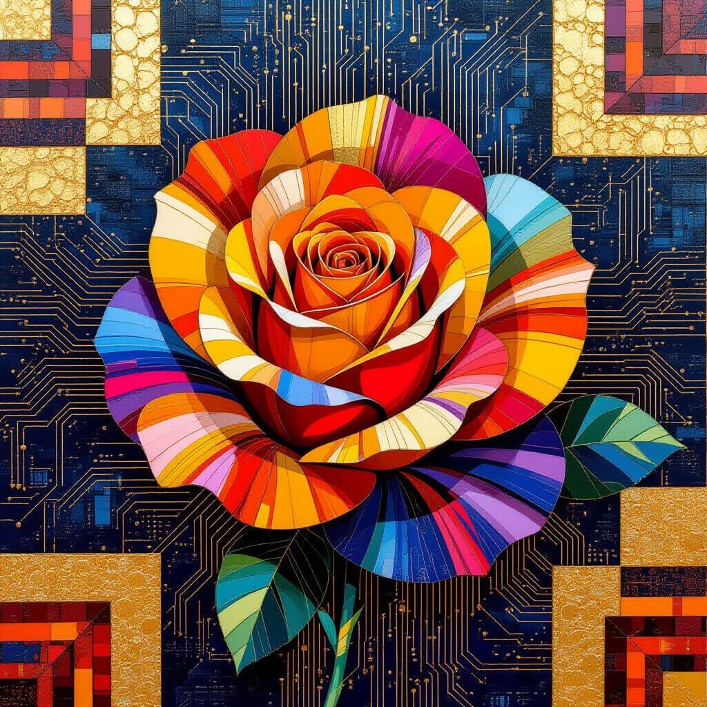 Geometric Rose with Circuitry in Maximalist Style