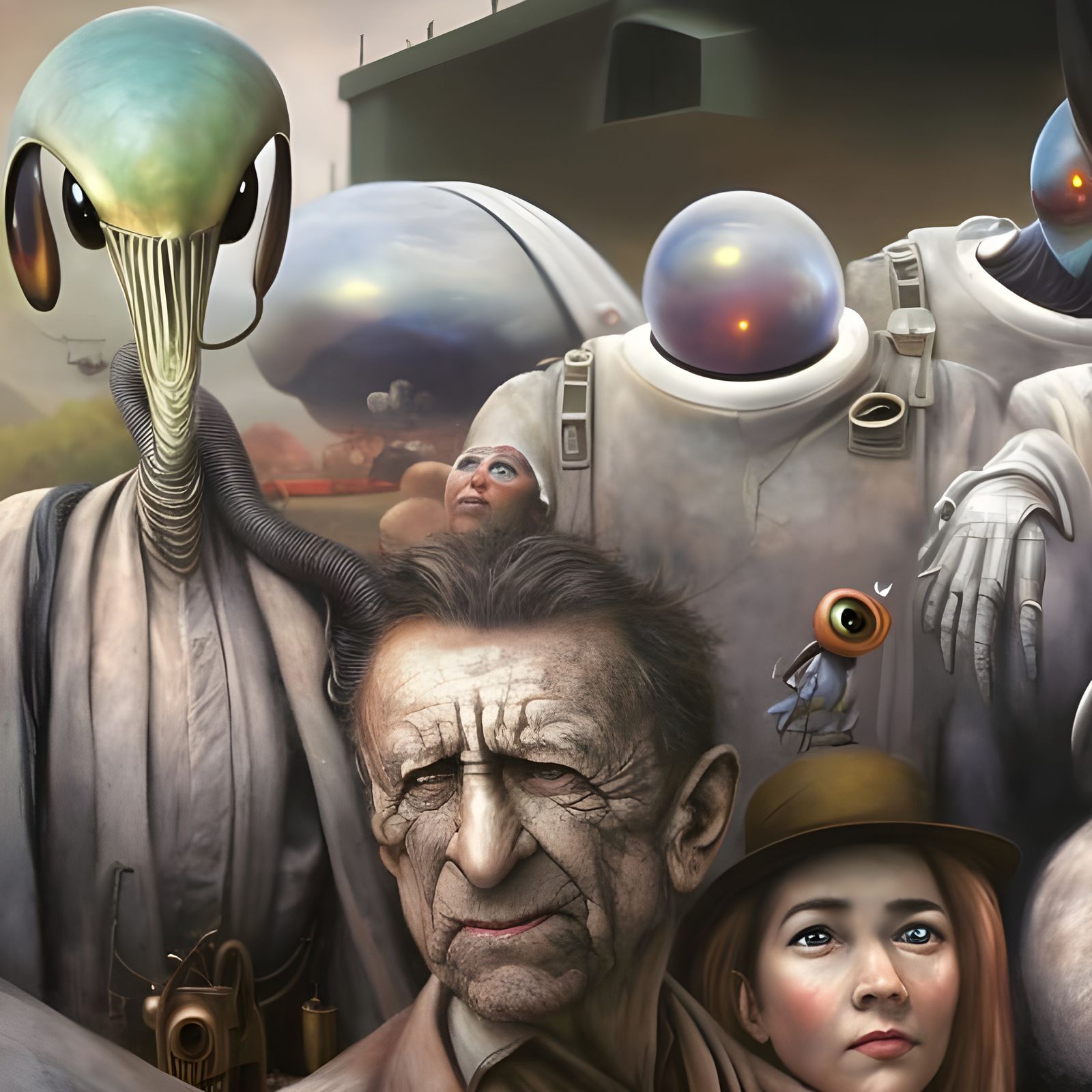 Friendly Alien Cartoon Characters in Surreal Landscape