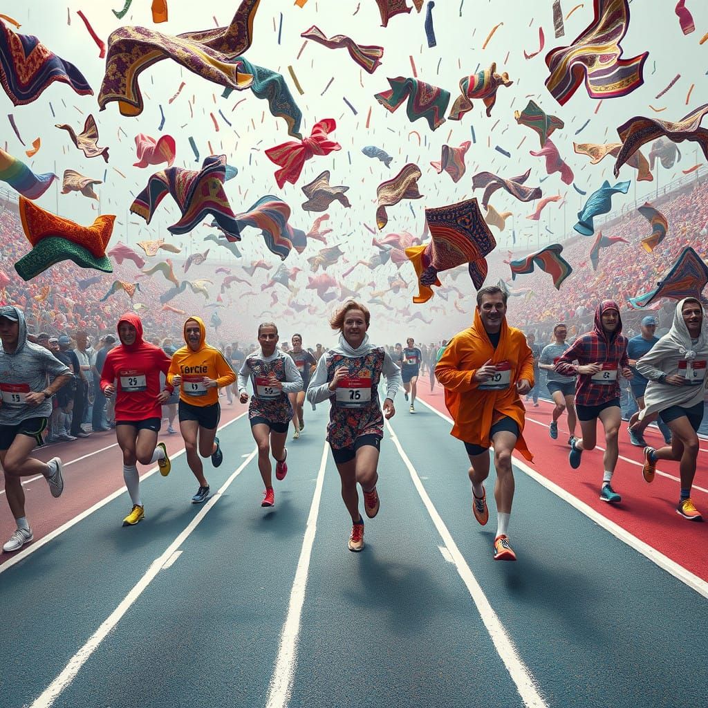 Surreal Runners Dance Amidst Whimsical Blanket Storm